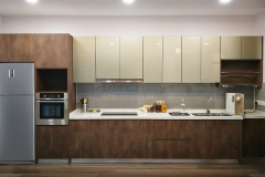 I-shape 5G Glass Door and Quartz Stone Table Kitchen Cabinet design